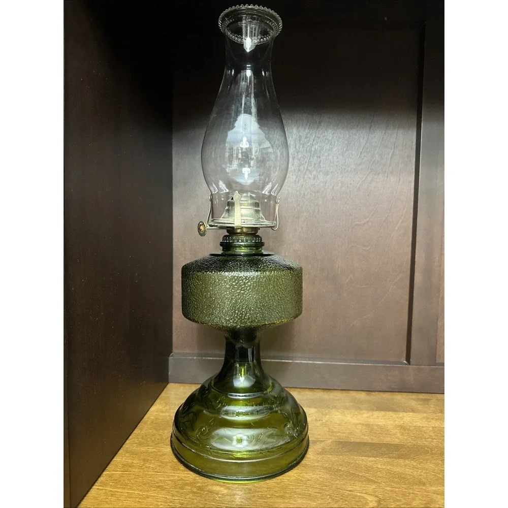 Vintage Green Glass Kerosene Oil Lamp & Chimney 18